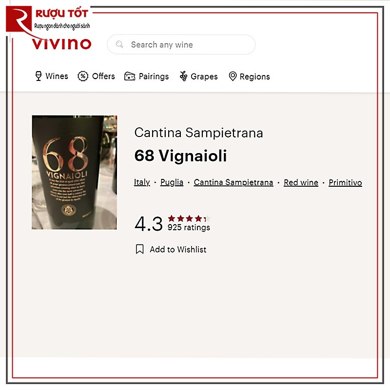 Điểm đánh giá vivino của Vang Ý 68 Vignaioli Puglia