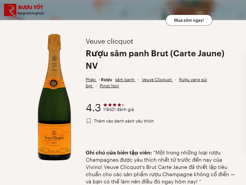Điểm số của Champagne Veuve Clicquot Brut Yellow Label tại Vivino