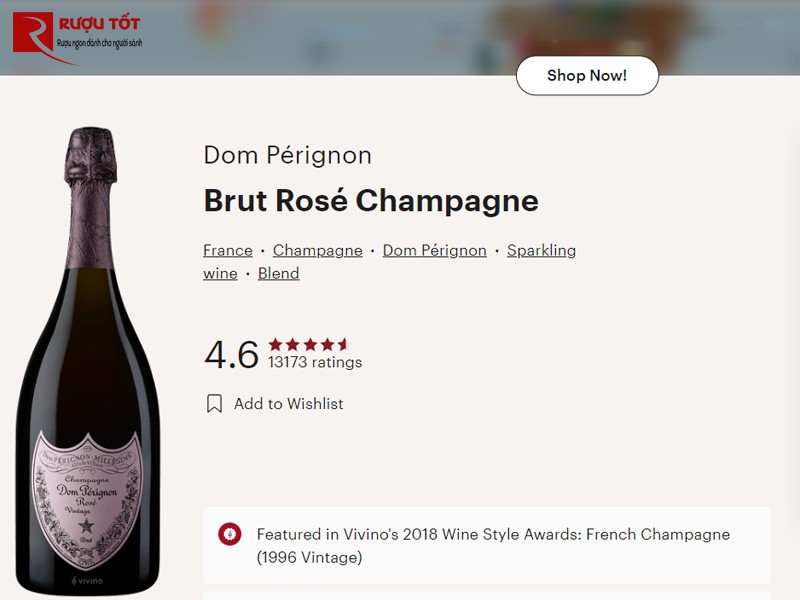 Điểm số của rượu Champagne Dom Perignon Rose tại Vivino