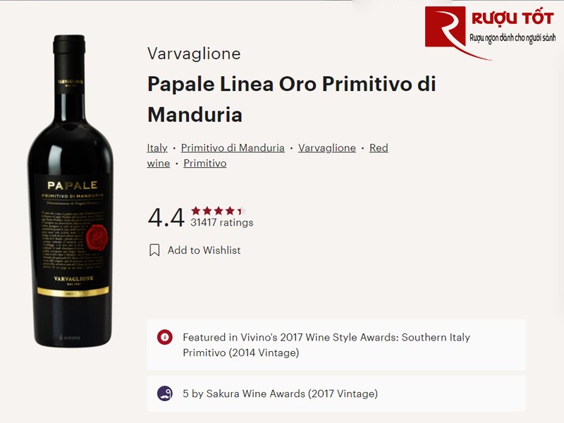 Điểm số Vivino của rượu Papale Primitivo di Manduria