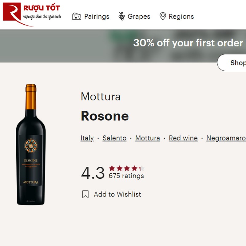 Điểm số Vivino của rượu vang Rosone Mottura