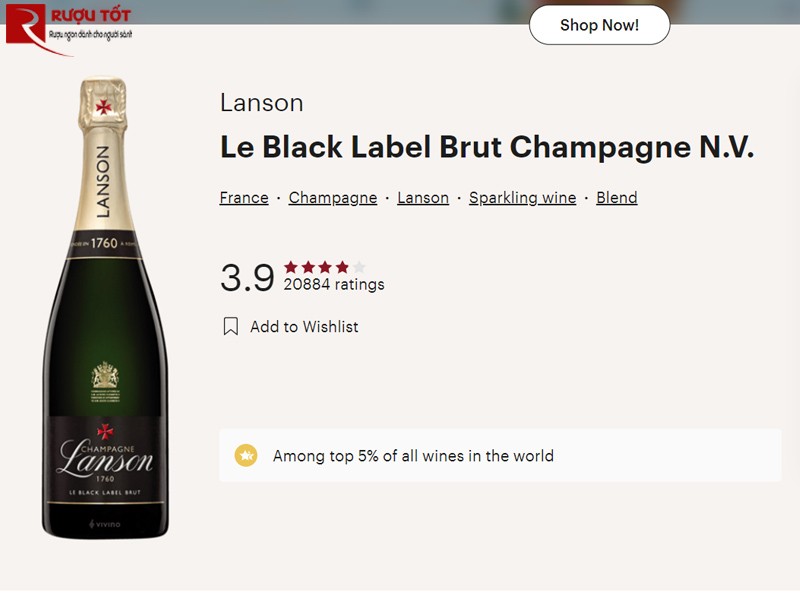 Điểm số Vivino rượu Champagne Lanson Black Label Brut