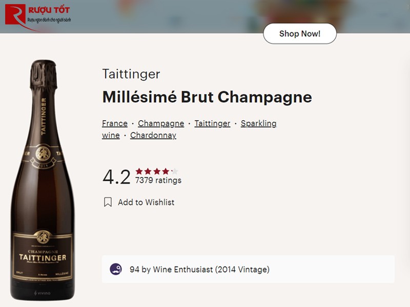 Điểm Vivino của rượu Champagne Taittinger Brut Millesime
