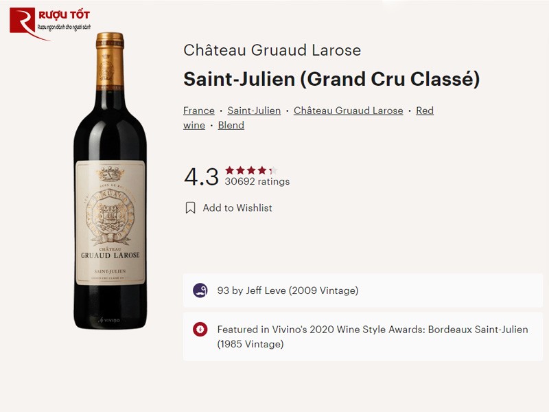Điểm vivino của Vang Pháp Chateau Gruaud Larose