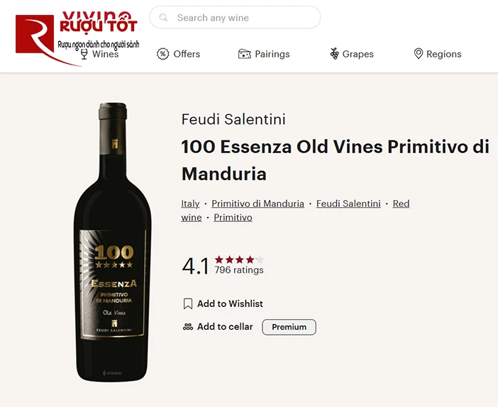 Rượu vang 100 ESSENZA Primitivo di Manduria