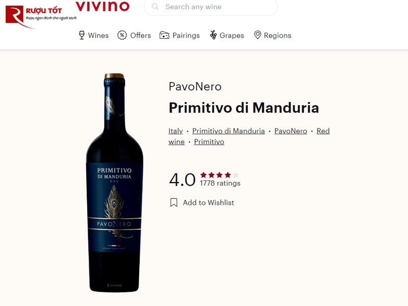 Rượu vang PavoNero Primitivo Manduria