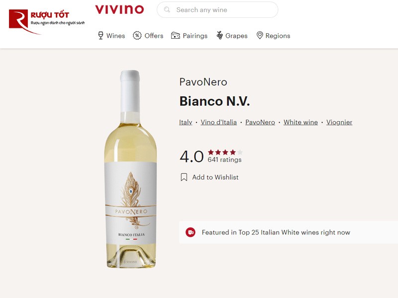 Vang trắng PavoNero Bianco