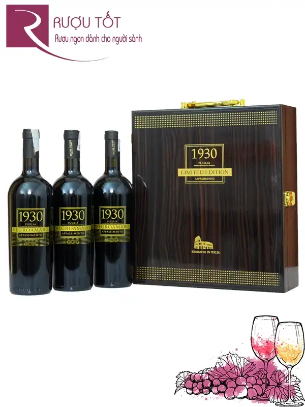 Hộp quà Tết sơn mài ba rượu vang 1930 Negroamaro Appassimento