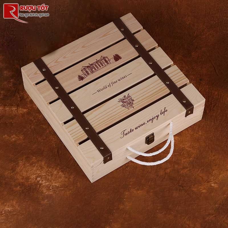 Hộp gỗ rượu vang 3 chai có nan