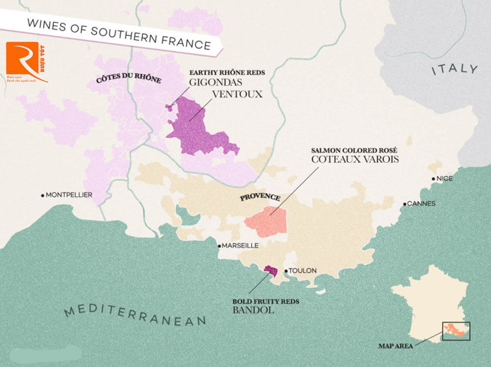 Rượu vang từ vùng làm rượu miền Nam nước Pháp.