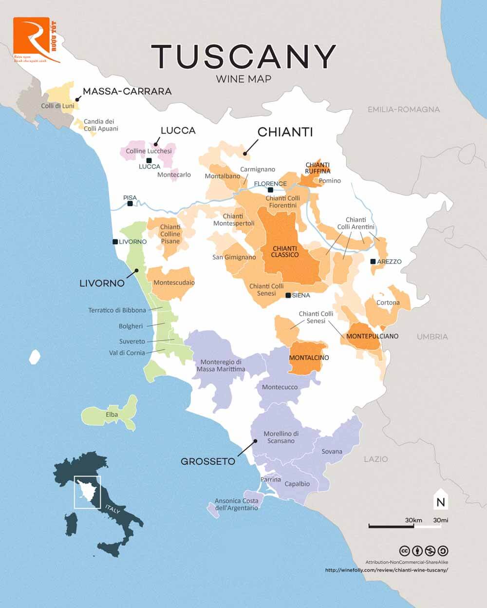 Chianti là một khu vực nhỏ ở Tuscany. Nhưng loại rượu Chianti được phép sản xuất mọi nơi ở Tuscany.
