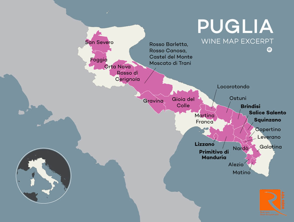 Bản đồ các vùng rượu vang chính của Puglia