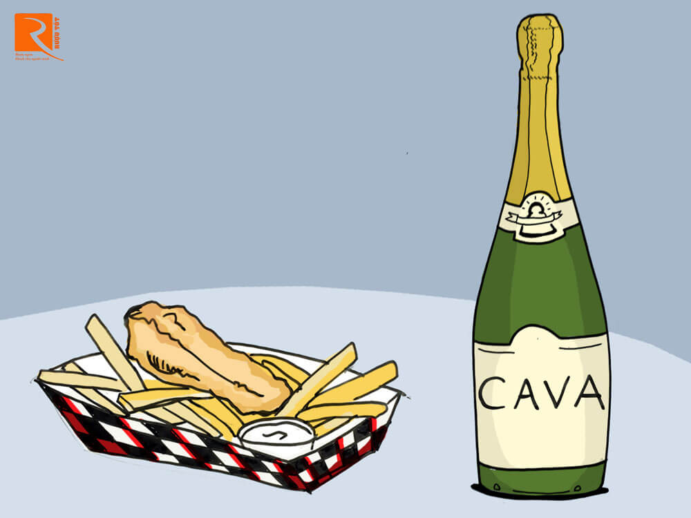 Cá và khoai tây chiên với Cava.