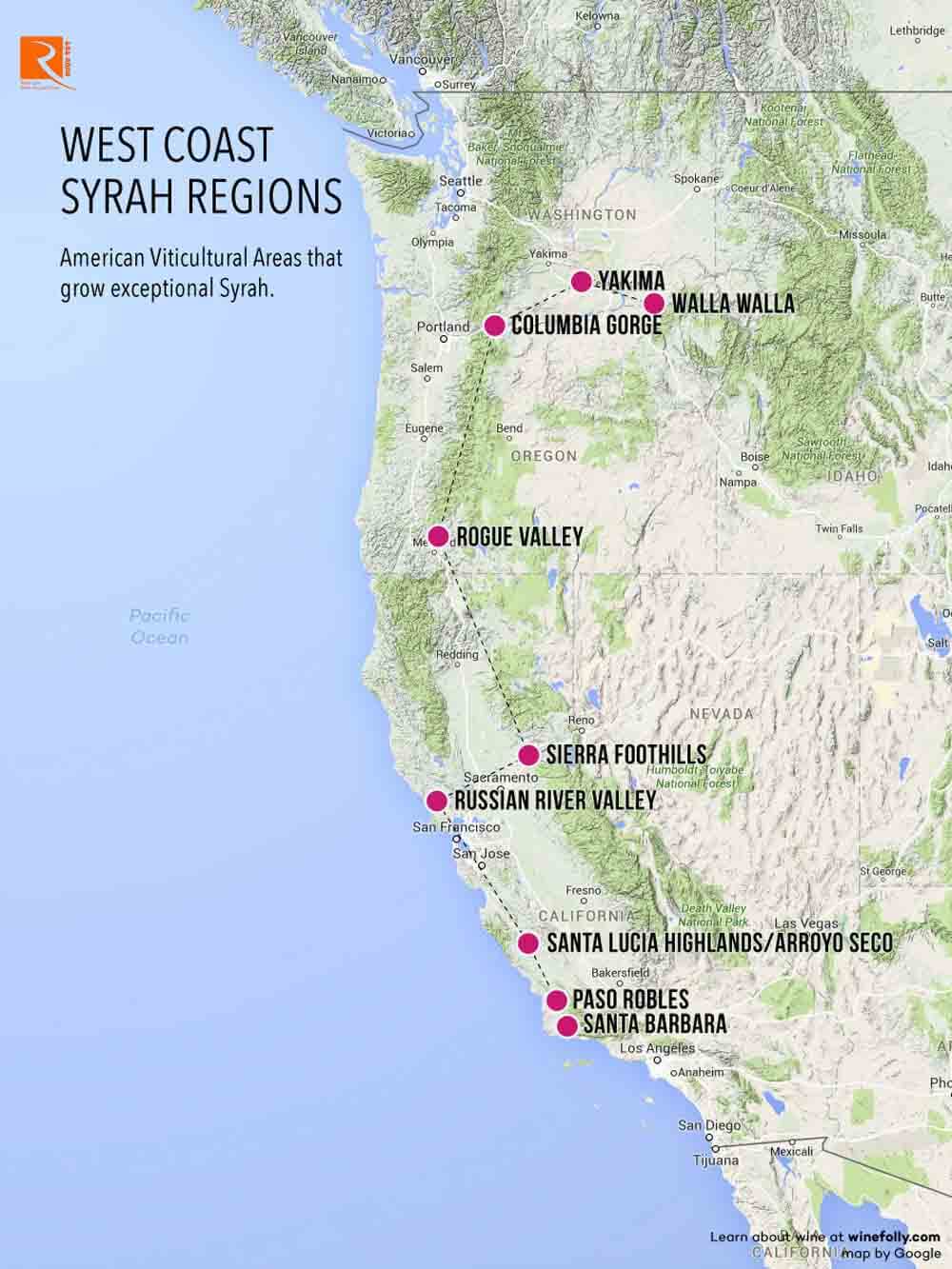  xác định các khu vực được biết đến nhiều nhất với Syrah trên West Coast,