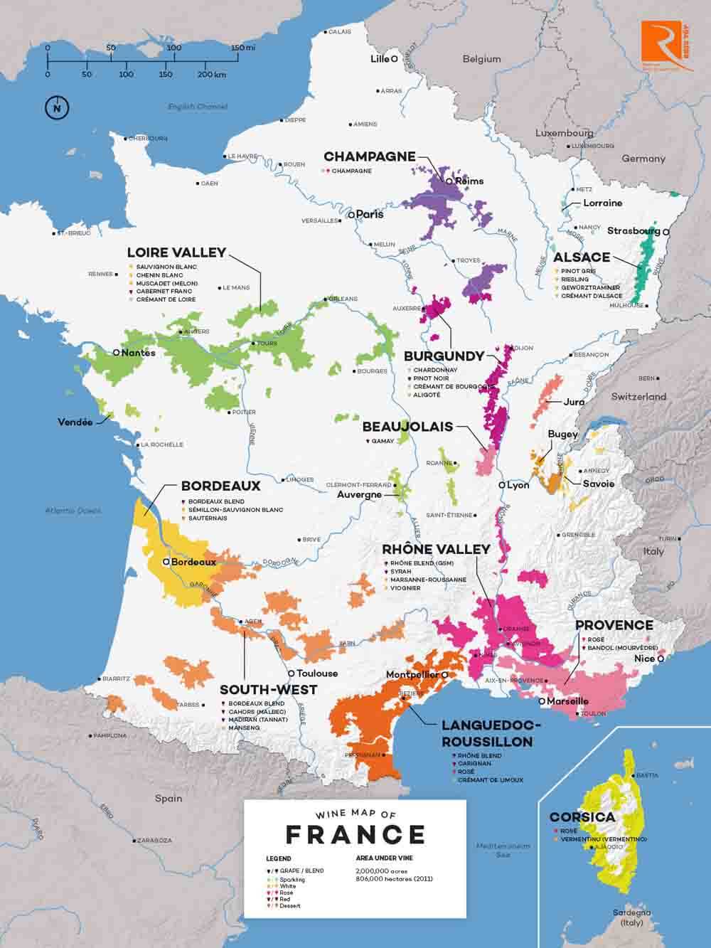 Bản đồ vùng làm rượu vang Pháp.