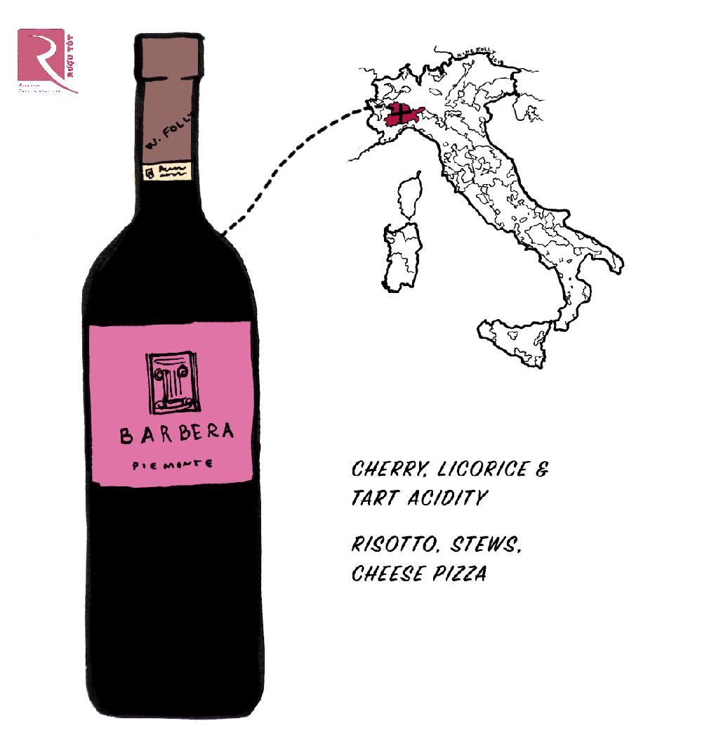 Barbera là rượu vang hàng ngày của Piedmont với những hương vị trái cây đỏ tannin miệng khô.