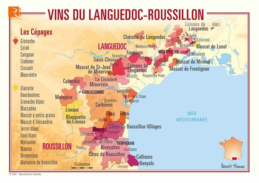 Bản đồ Vùng Rượu vang Languedoc Roussillon