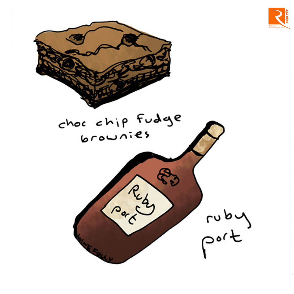 Bánh Brownies Sô cô la với vang port Ruby.