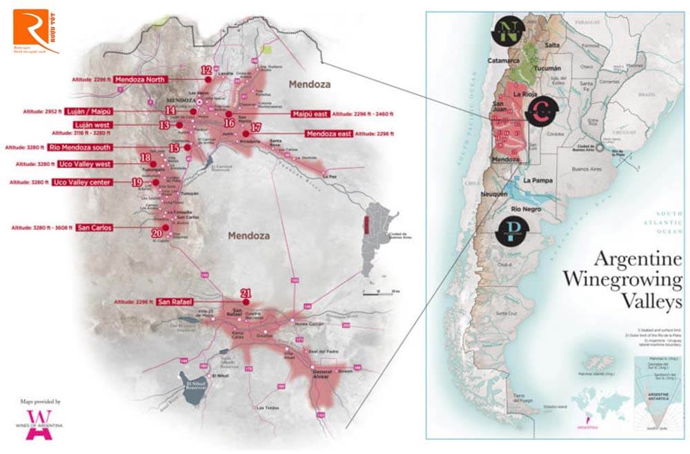 Sự khác biệt trong các loại rượu từ các tiểu vùng của Mendoza gồm Maipú, Luyán de Cuyo, San Raphael và East Mendoza.