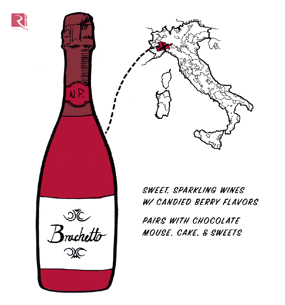 Một loại rượu ngọt ngào, Brachetto là loại rượu vang tráng miệng sủi bọt ngọt của Piemonte.