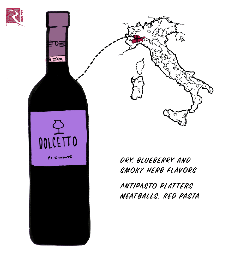 Rượu có vị ngọt ngào, Dolcetto thường khô với quả việt quất và anh đào.