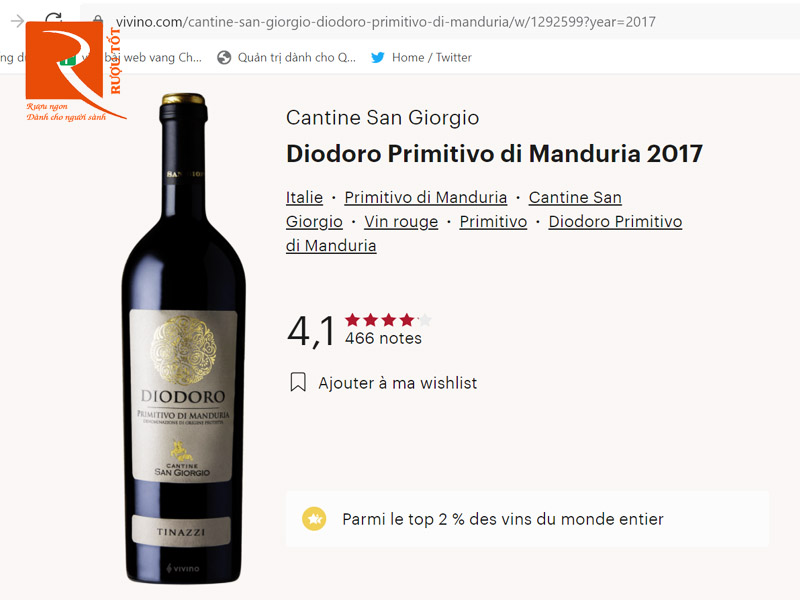 Rượu vang Ý Diodoro Primitivo Di Manduria Cantine San Giorgio DOP