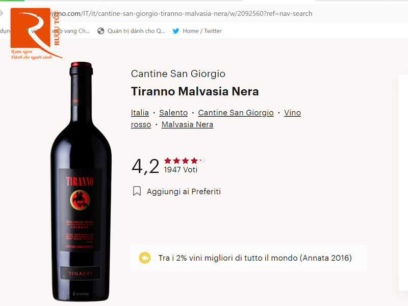 Rượu vang Ý Tiranno Malvasia Nera Salento Cantine San Giorgio
